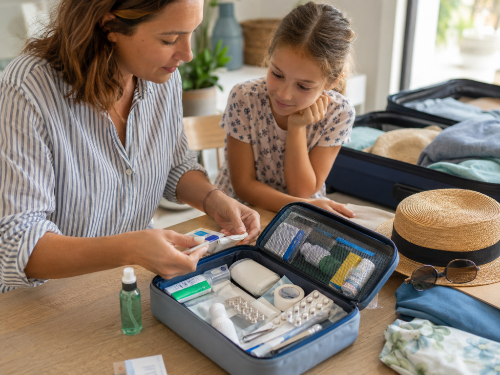Femme et sa fille qui prépare une trousse de santé pour les vacances