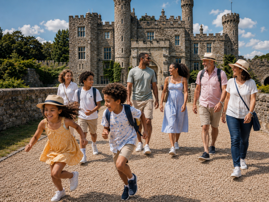 Loisirs estivaux : Famille au complet dans les jardin d'un chateau
